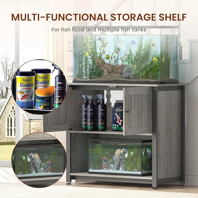 40-50 Gallon Fish Tank Stand with Cabinet, Metal Aquarium Stand for Accessories Storage, Reptile Tank Turtle Terrariums Table Bearable 1000LBS, Accommodates 2 Aquariums, Grey