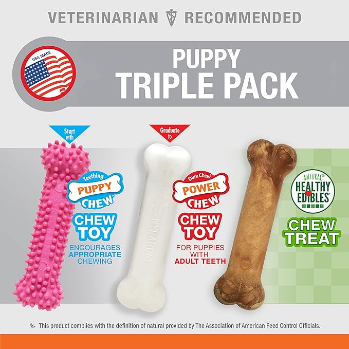 Nylabone Puppy Triple Pack - Pink Puppy Teething Toy, Nylon Dog Toy, & Chew Treat Variety Pack - Puppy Supplies - Chicken and Bacon Flavors, Small/Regular (3 Count)