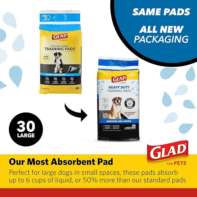 Glad for Pets Heavy Duty Activated Carbon Training Pads, 24" x 24" | Ultra Absorbent Training Pads - Absorbs 50% More Than Standard Pad; Heavy Duty Puppy Potty Training Pads, 30 Count - 8 Pack