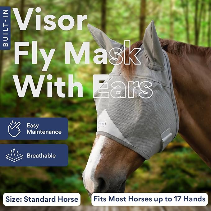 Horse Fly Mask with Ears, Built in Visor Breathable Lightweight Horse Fly Mask, 95% UV Eye Protection Horse Supplies, UV Fly Mask for Horses, Adjustable Fit for Comfort Horse Medium/Large Size