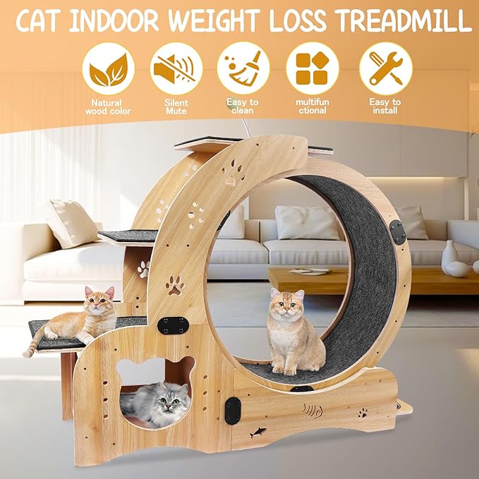 4-in-1 Cat Exercise Wheel, Cat Wheel Wood with Eight TPE Sile, Cat Litter Fitness Wheel for Indoor Cats,Climbing Ladders,Cat Scratching Board,Cat Bowls,Natural Wood