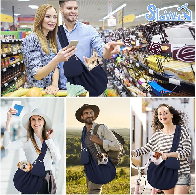 SlowTon Dog Carrier Sling - Thick Padded Adjustable Shoulder Strap Dog Carriers for Small Dogs, Puppy Carrier Purse for Pet Cat with Front Zipper Pocket Safety Belt Machine Washable (Navy Knitted, M)