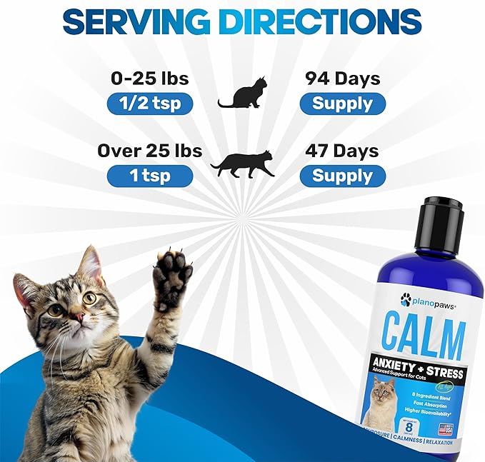 Cat Anxiety Relief 90 Day Supply - Faster Absorption Than Cat Calming Treats - Cat Calming Products for All Ages - Liquid Calming Cat Treats for Sleep Aid - 8 Ingredient Blend + Cat Melatonin