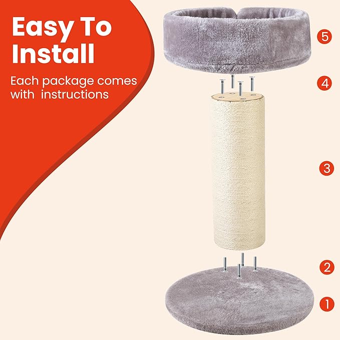 Cat Scratching Post Bed，Tall Cat Scratcher for Indoor Cats with Super Thick Nature Sisal Scratching Post [Dia=6'']， Removable Fluffy Cat Bed for Kitten & Adult Cats (Gery, L)