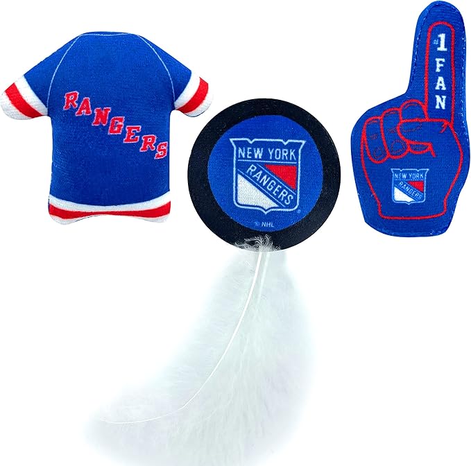 BEST PLUSH CAT TOY: NHL NEW YORK RANGERS Complete Set of 3 piece Cat Toys filled with Fresh Catnip. Incl: 1 Jersey Cat Toy, 1 Hockey Puck Cat Toy with Feathers & 1 #1 Fan Cat Toy. All with Team LOGOS