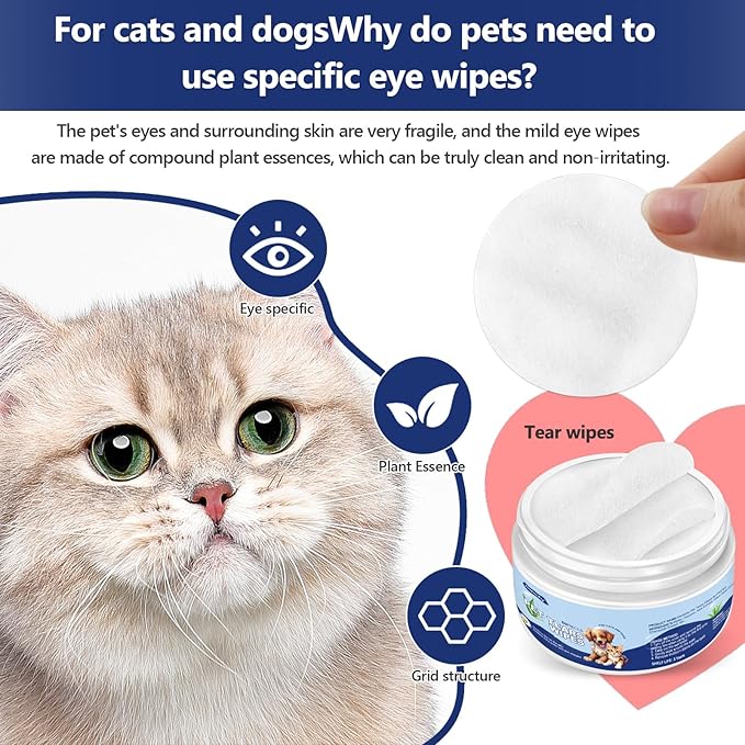 Dog Ear Wipes, Eye Wipes for Cats, Dog Tear Stain Remover Wipes, Pet Eye Wipes for Discharge and Crust (60 Packs)