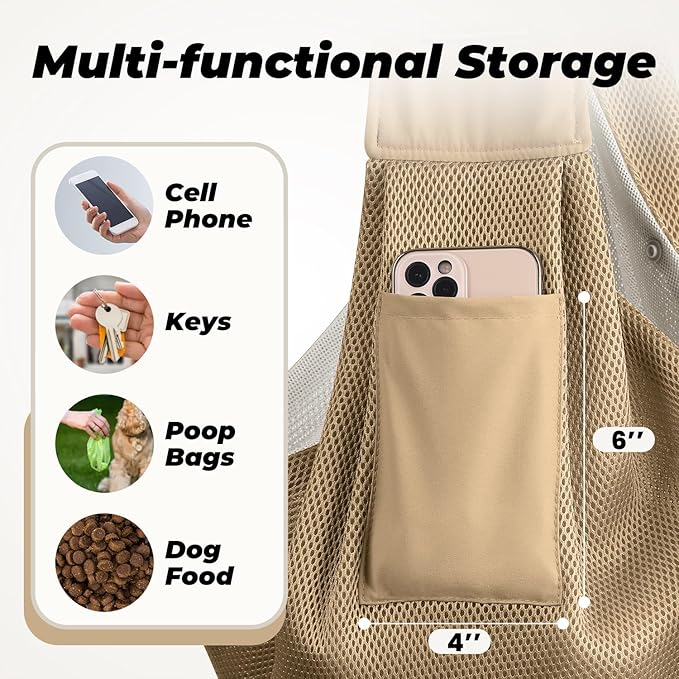 Dog Carrier Sling, Hand-Free Dog Sling Carrier for Small Dogs and Cats，Travel Safety Puppy Bag (Khaki)