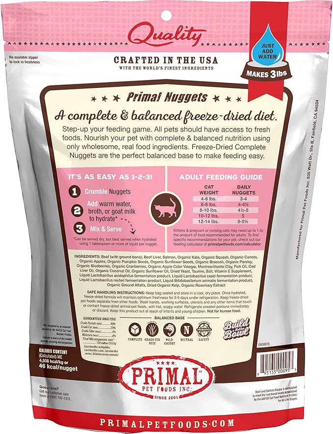 Primal Freeze Dried Cat Food Nuggets Beef & Salmon; Complete & Balanced Meal or Topper; Premium, Healthy, Grain Free, High Protein Raw Cat Food with Probiotics (14 oz)