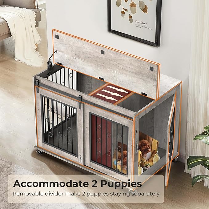 Furniture Style Dog Crate End Table with Sliding Barn Door, Indoor Dog Kennel Furniture with Removable Divider for 2 Small to Medium Pets, Grey, 39.37''W×25.2''D×28.94''H