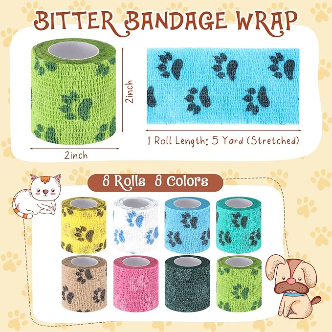 8 Rolls Pet Self Adhesive Bandage Wrap Bitter Vet Wrap Dog Bandage Pet Wrap Bandage Non Woven Tape for Dog Pet Cat Horses Birds Animals, 8 Colors