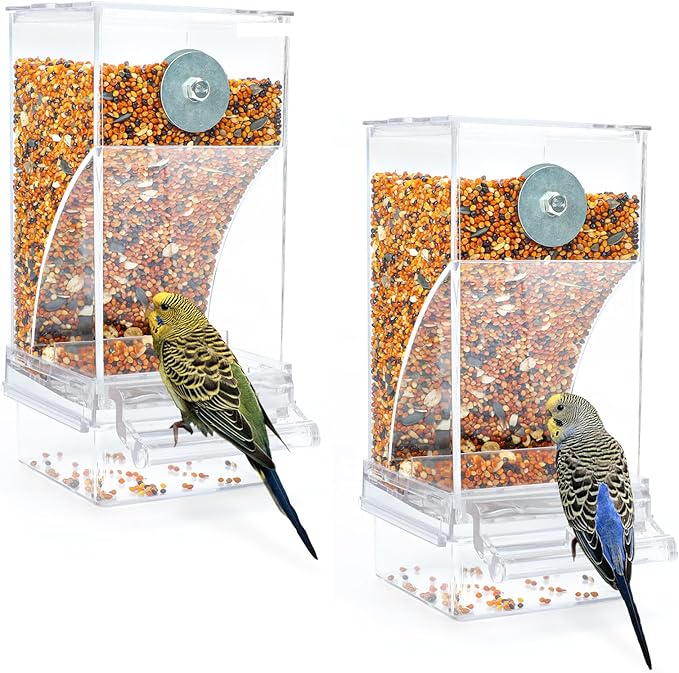 Rypet 2 Pack No Mess Automatic Bird Feeder Transparent Food Container Cage Acrylic Parrot Feeder Accessories for Small Birds Parrot Cockatoo Canary