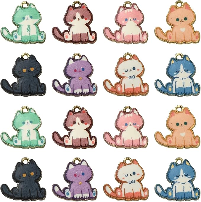 KitBeads 16pcs 8 Styles Kitten Charms Cartoon Animal Pet Charms Flower Printed Mini Cat Charms for Jewelry Making Bracelets Bulk