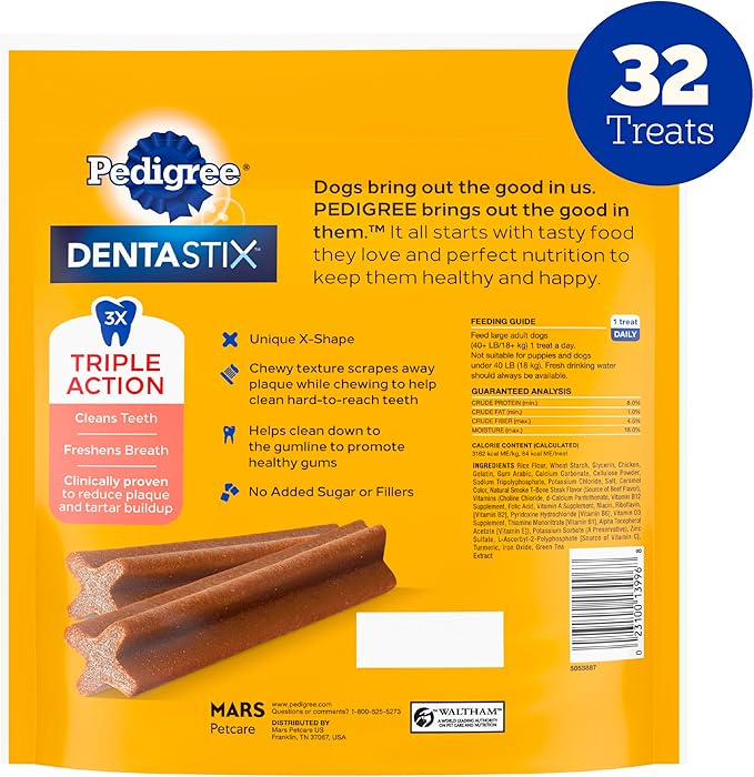 PEDIGREE DENTASTIX Large Dog Dental Treats Beef Flavor Dental Bones, 1.72 lb. Pack (32 Treats)