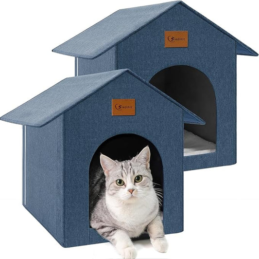 Outdoor Cat House, Outdoor Cat Shelter Feral Cat, Outside Waterproof Cat House for Outdoor/Indoor Cats, Insulated Cat House for Winter with Cozy Cushion, Easy to Assemble, Navy Blue, 2 Pack