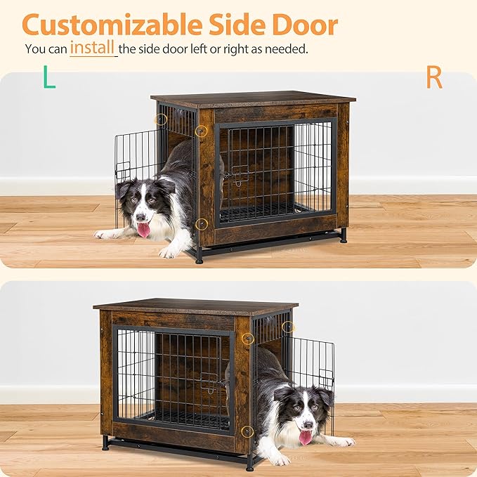 Shintenchi Wooden Dog Crate Furniture for Large Dog, L Double-Door Kennel Indoor with Removable Tray, End Table L Dog Crate for Decoration, 38" L*25" W*26" H, Vintage Brown