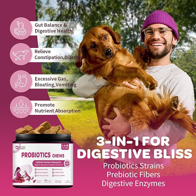 Probiotics for Dogs - Dog Probiotics and Digestive Enzymes for Digestive Health - Plus Fish Oil & Vitamins Supplement for Allergies & Immune & Itchy Skin, 120 Chicken Flavor Probiotic Soft Chews