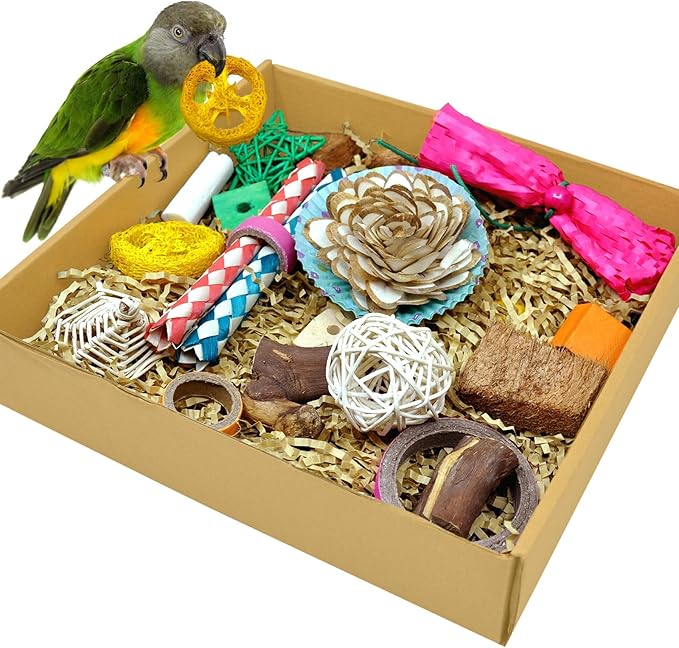 Colorful Bird Foraging & Shredding Toys Box - Interactive Chewing and Foraging Toys for Parakeets, Cockatiels, Conures, Love Birds, and Small to Medium Birds