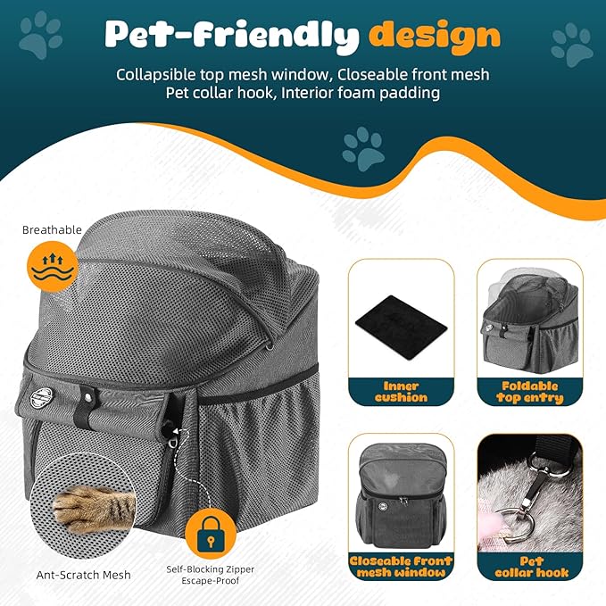 Dog Bike Basket Carrier, Dog Basket for Bike with Mesh Window, Bike Pet Carrier for Cats & Dogs, Pet Bike Front Carrier Backpack for Bike Riding