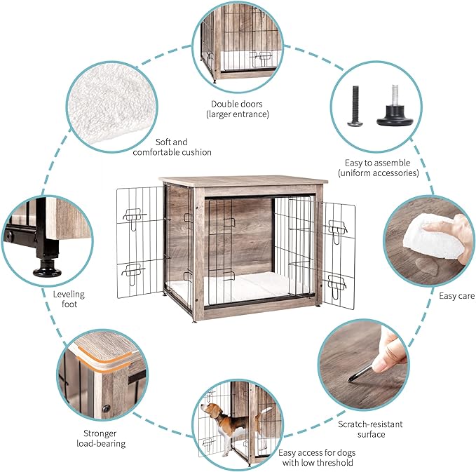 DWANTON Dog Crate Furniture with Cushion, Wooden Dog Crate with Double Doors, Dog Furniture, Dog Kennel Indoor for Small/Medium/Large Dog，End Table, Small, 27.2" L, Greige