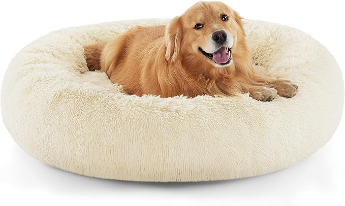 Bedsure Calming Dog Bed for Extra Large Dogs - Donut Washable Large Pet Bed, Anti-Slip Round Fluffy Plush Faux Fur Dog Bed, Fits up to 125 lbs Pets, Oat Milk, 45 inches