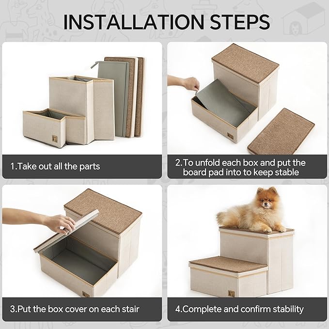 BEDELITE Dog Stairs for Small Medium or Large Dogs, 2 Tiers Dog Steps for Bed and Couch 13" H, Foldable Pet Stairs Up to 200Lbs with Detachable Mats & Storage, Beige