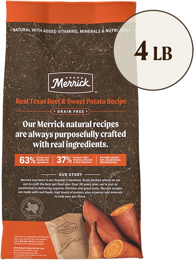 Merrick Premium Grain Free Dry Adult Dog Food, Wholesome And Natural Kibble, Real Texas Beef And Sweet Potato - 4.0 lb. Bag