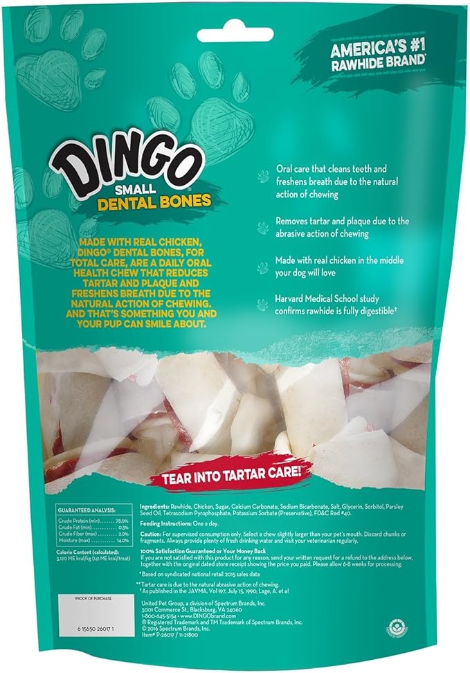 Dingo Small Dental Bones 6 Count, Rawhide Chews For Dogs, Natural Chewing Action Helps Clean Teeth, 36-Count