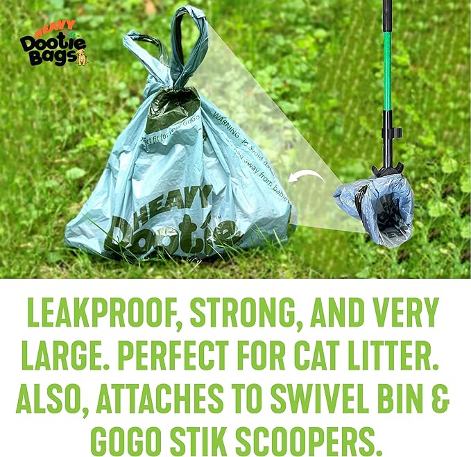 HEAVY Dootie Bags with EZ Tie Handles. Clean and Convenient for Pet Dog Poop, Cat Litter. Multi-Use. Great for Swivel Bin and Gogo Stik Scoopers. Made with Cornstarch. Strong, Leakproof and Very Large