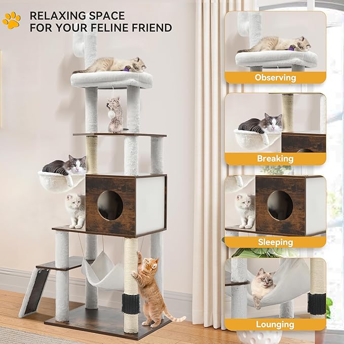 YITAHOME Modern Cat Tree for Indoor Cats with Self-Grooming Brush, 69" Tall Wooden Cat Tower with Condo, Hammock, Scratching Post, Board, Removable Pads for Kittens Big Cats，Rustic Brown