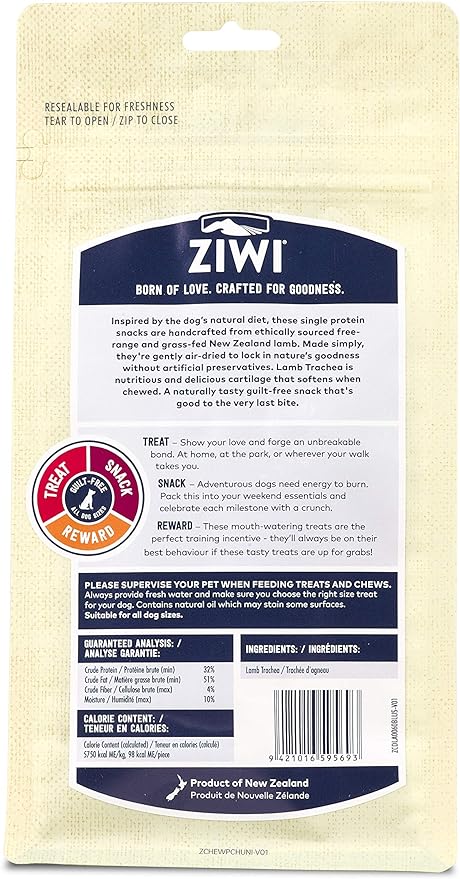 ZIWI Dog Chews andTreats – All Natural, Air-Dried, Single Protein, Grain-free, High-Value Treat, Snack, Reward (Lamb Trachea) 2.1 Ounce (Pack of 1)