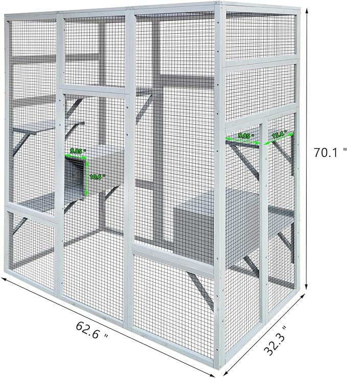 72 Inch Wooden Catio Outdoor Cat Enclosure w/ 2 Napping Houses, Luxury Kitty-House with 7 Jumping Platforms & Weatherproof Asphalt Roof, Walk-in Kitty Kennel Condo Shelter