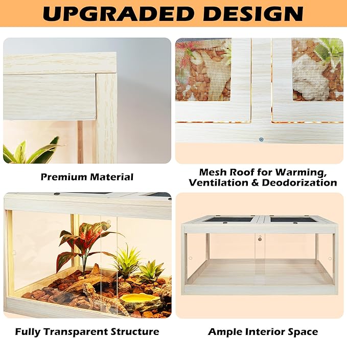 Reptile Terrarium Tank Maximum 78 Gallons, Lizard Tank Bearded Dragon Tank with Metal Mesh Roof Door, Snake Tank with Lock Design (Oak Color, 48"x20"x20" (78 Gallon))