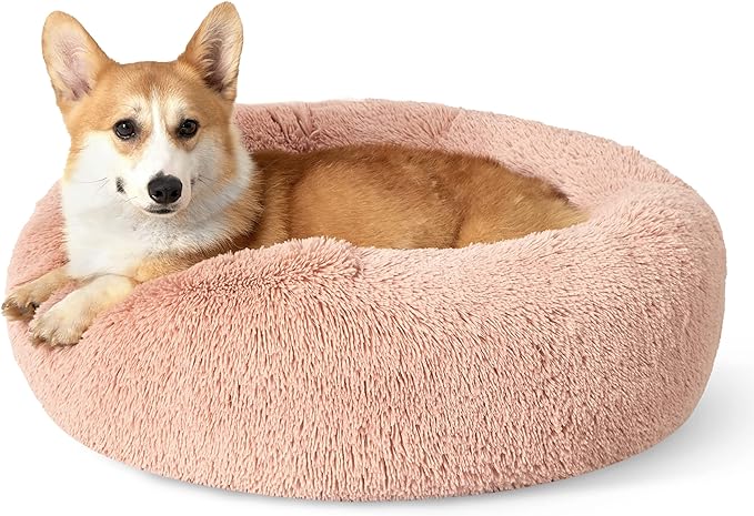 Bedsure Calming Dog Bed for Medium Dogs - Donut Washable Medium Pet Bed, 30 inches Anti-Slip Round Fluffy Plush Faux Fur Cat Bed, Fits up to 45 lbs Pets, Pink