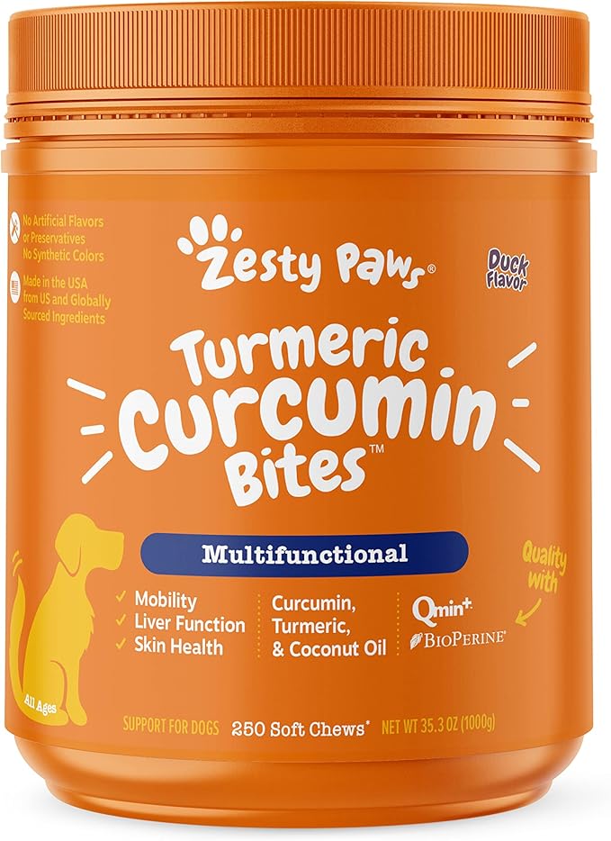 Zesty Paws Turmeric Curcumin for Dogs - for Hip & Joint Mobility Supports Canine Digestive Cardiovascular & Liver Health Coconut Oil for Skin Health with 95% Curcuminoids + BioPerine - 250 Count