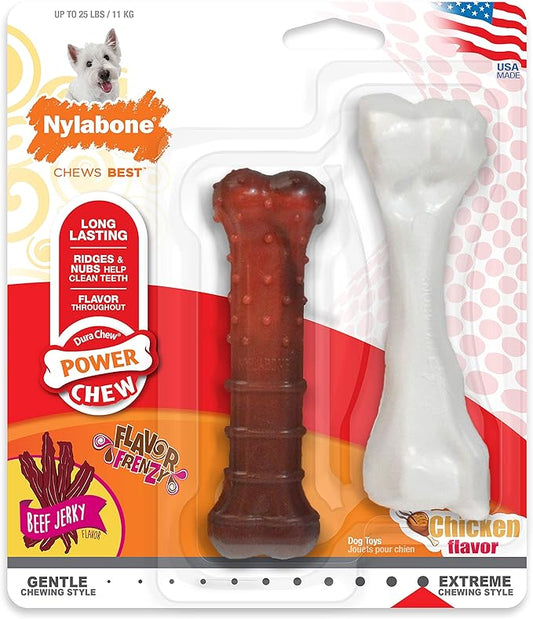 Nylabone Power Chew Classic Bone Chew Toy for Dogs, Durable Dog Toys for Aggressive Chewers, Flavor Frenzy Beef Jerky & Chicken Small/Regular (2 Count)