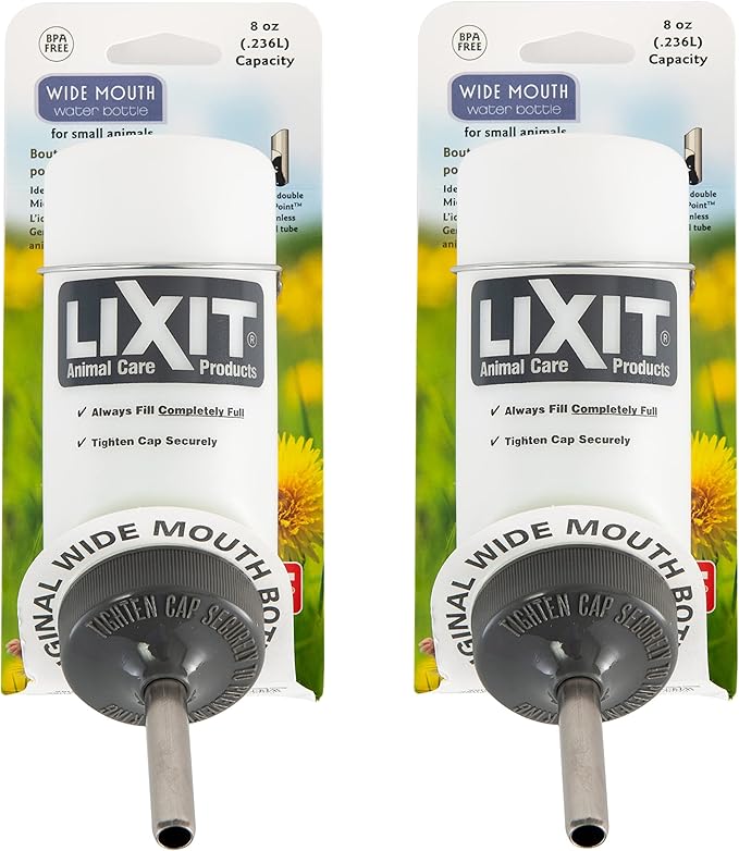 Lixit Wide Mouth BPA-Free Cage Water Bottles for Rabbits, Ferrets, Guinea Pigs, Rats, Chinchillas, Hamsters, Mice, Hedgehogs, Gerbils and Other Small Animals. (Translucent, 8 Ounce Pack of 2)