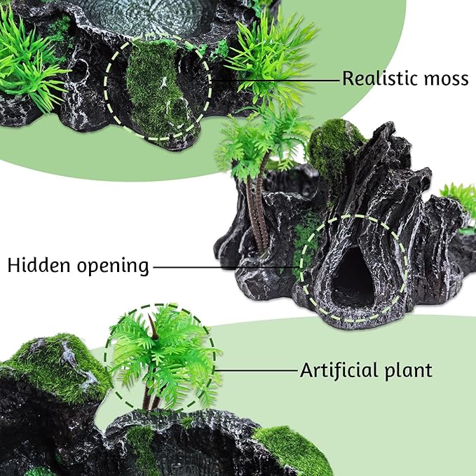 PINVNBY Resin Reptile Platform, Reptile Water Dish, Artificial Plants and Moss Reptile Food Water Bowl for Bearded Dragon, Lizard, Gecko, Turtle, Water Frog, Snake (with Moss)