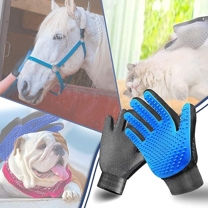 Pet Grooming Glove Hair Remover Brush Gentle Deshedding Efficient Pet Mitt Pet Massage Gloves Left & Right Hand Draw Dogs Cats Horses Long Short Fur (1Pair Left & Right Hand (Blue))