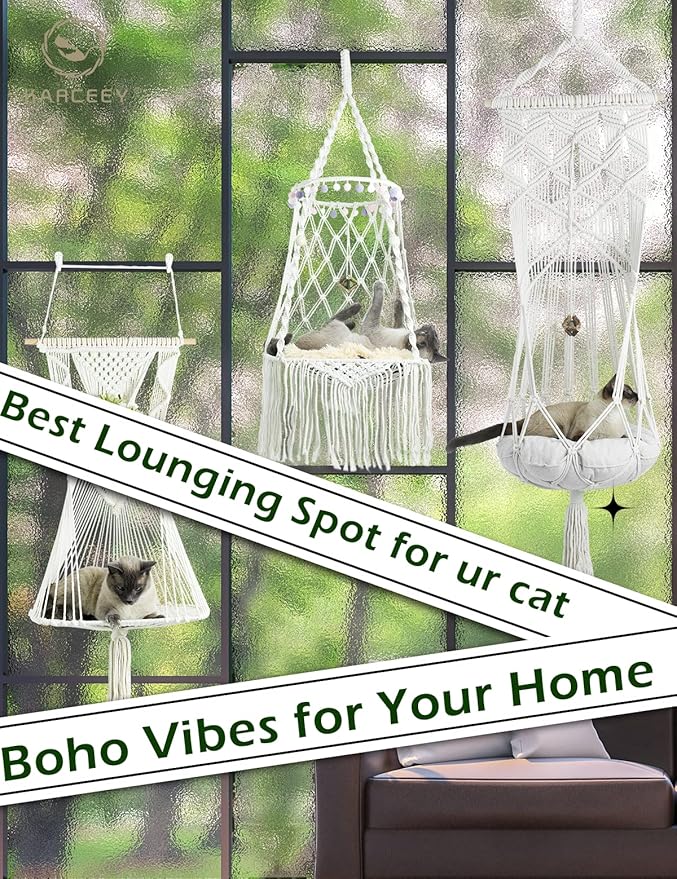 Hanging Cat Hammock Bed 9 Pcs Macrame Cat Swing Bed Macrame Hanging Cat Bed, with 2 Catnip Mat Bed