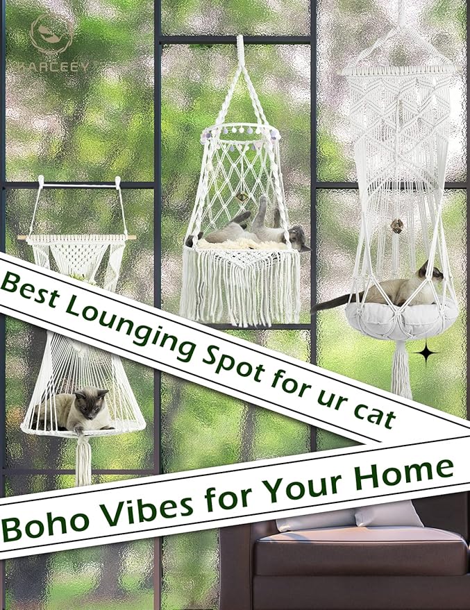 Macrame Cat Hammock,Macrame Hanging Cat Bed with Catnip Cushion and Hanging Kit (1.Macrame Hammock with Cat Bed)