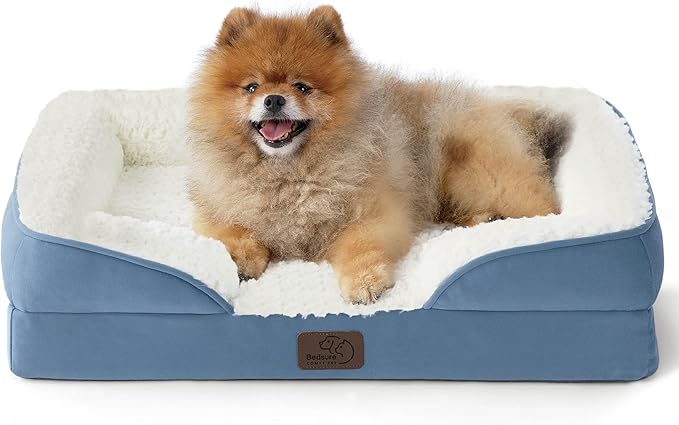 Bedsure Small Orthopedic Dog Bed - Calming Dog Sofa Beds for Small Dogs with Luxurious Short Plush, Pet Couch Bed with Removable Washable Cover, Waterproof Lining and Nonskid Bottom Couch, Faded Denim