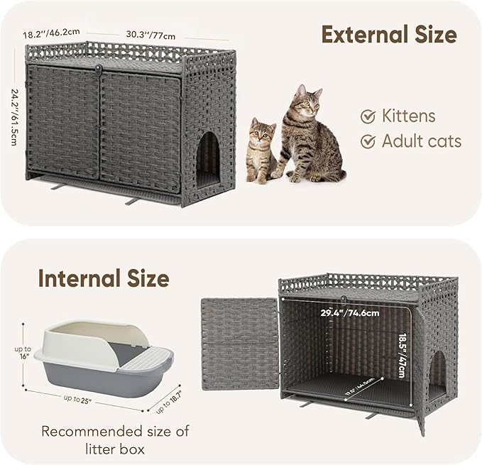 Cat Litter Box Enclosure with 2 Cat Litter Mats, Litter Box Hidder, Hidden Litter Box Cabinet for Dust and Order Control, Hidden Kitty Litter Furniture Rustic Style, Cat Litter Box Furniture