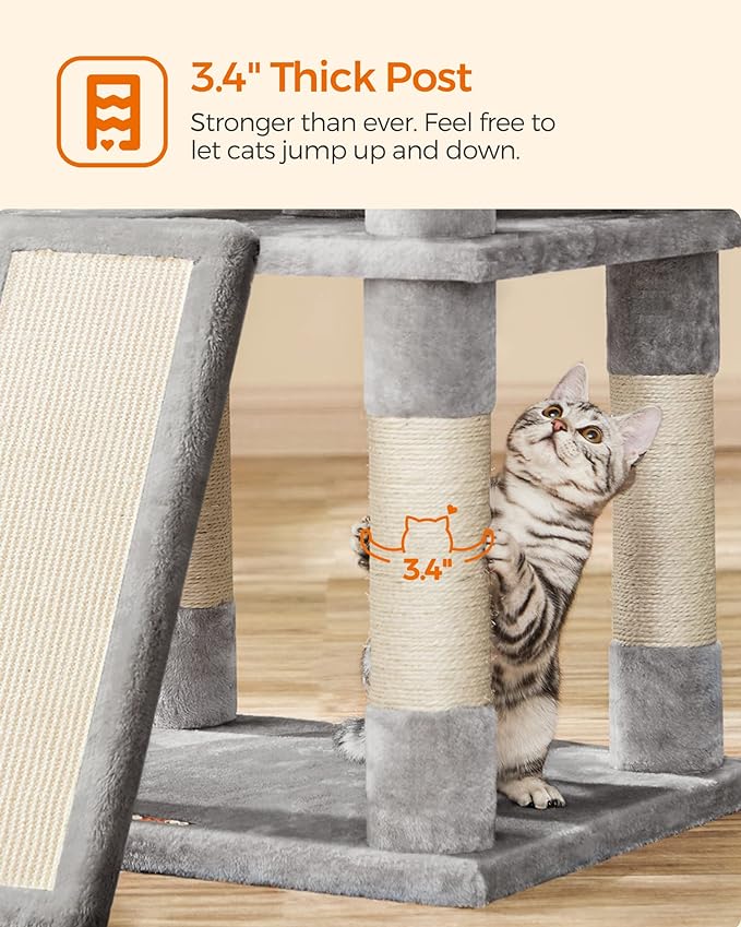 FEANDREA 67-Inch Multi-Level Cat Tree for Large Cats, with Cozy Perches, Stable, Light Gray UPCT18W