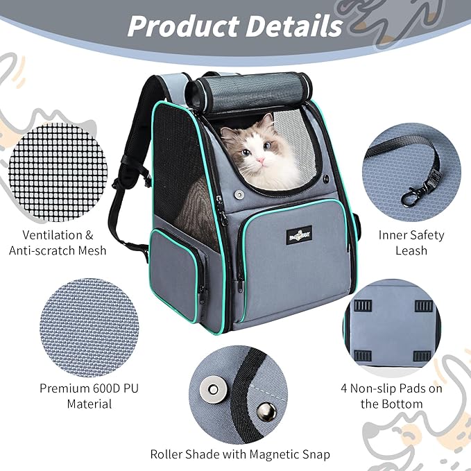 Cat Backpack Carrier, Expandable Pet Dog Backpack Carrier for Small Medium Cat Dog Under 20LBS, Ventilated Pet Backpack for Hiking Travel Outdoor Use, Gray