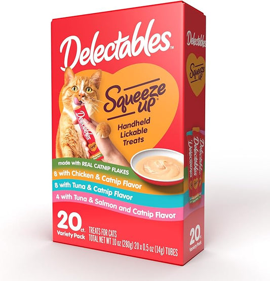 Hartz Delectables Squeeze Up Interactive Lickable Wet Cat Treats for Adult & Senior Cats, Variety with Catnip, 32 Count