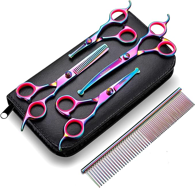 Gimars Professional 4CR Stainless Steel 6 in 1 Grooming Scissors for Dogs with Safety Round Tip, Heavy Duty Titanium Coated Pet Grooming Scissor for Dogs, Cats and Other Animals