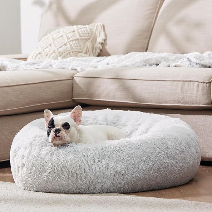 Bedsure Calming Dog Bed for Medium Dogs - Donut Washable Medium Pet Bed, 30 inches Anti Anxiety Round Fluffy Plush Faux Fur Cat Bed, Fits up to 45 lbs Pets, Frost Grey