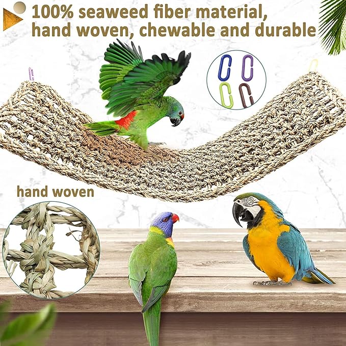 Bird Seagrass Mat 29.5"×7" Parrot Natural Grass Woven Net Hammock Hanging on Cage with Hooks Parakeet Climbing Rope Ladder Chew Toys for Pigeon Cockatiel Conure Budgie Cockatoo Rat