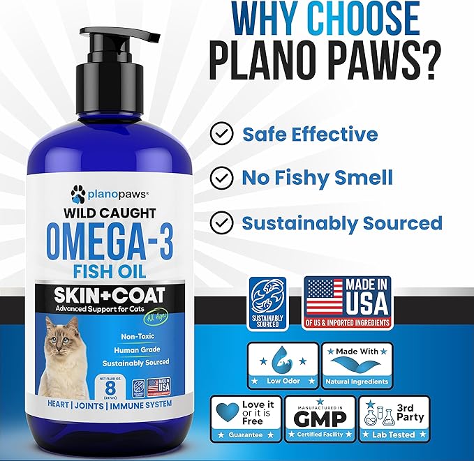 Omega 3 Fish Oil for Cats - Better Than Salmon Oil for Cats - Kitten + Cat Vitamins and Supplements - Cat Health Supplies - Cat Dandruff Treatment - Liquid Fish Oil for Pets - Cat Shedding Products