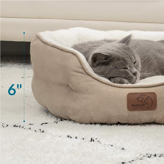 Bedsure Dog Beds for Small Dogs - Round Cat Beds for Indoor Cats, Washable Pet Bed for Puppy and Kitten with Slip-Resistant Bottom, 20 Inches, Taupe